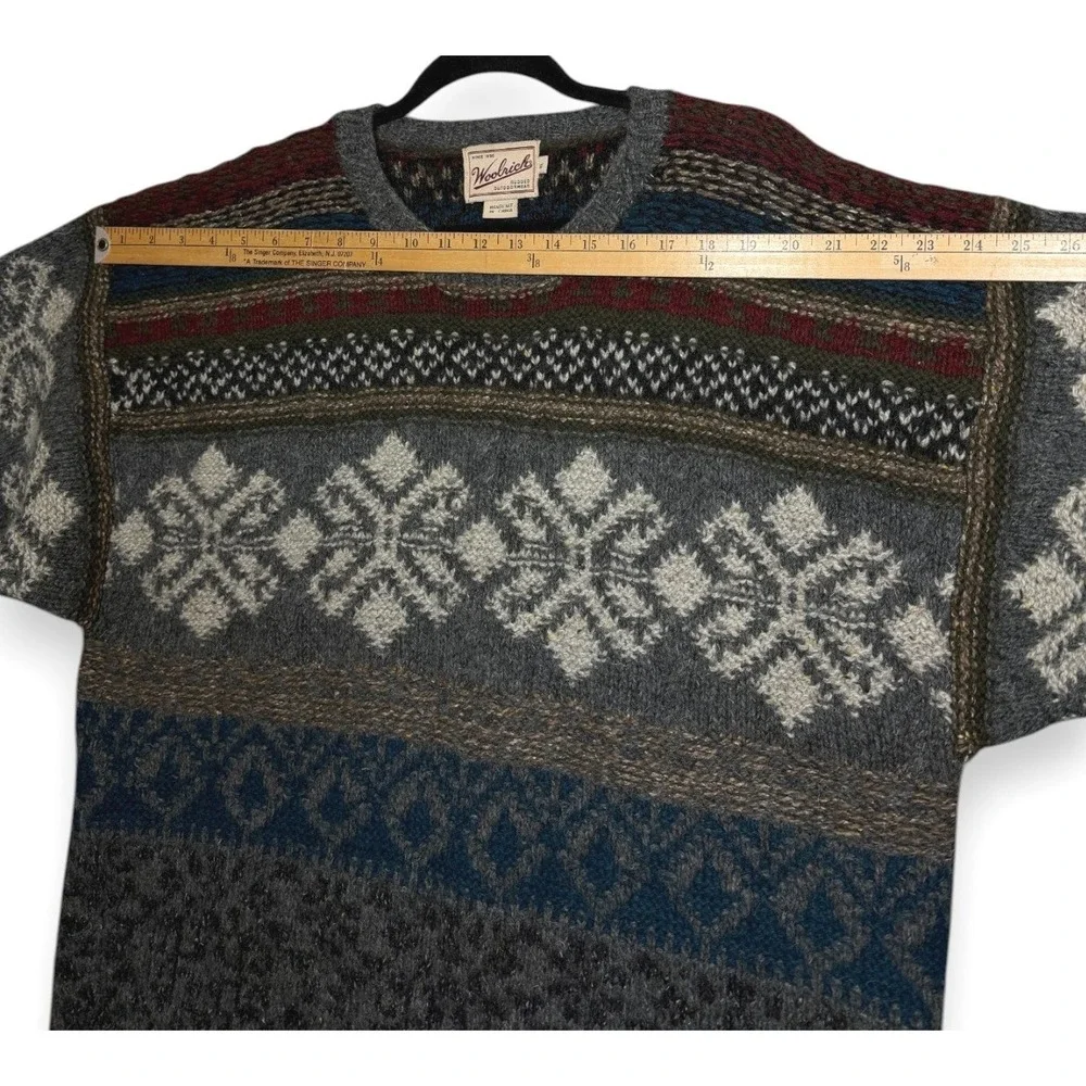 Woolrich Sweater Mens XL Multi Fair Isle Snowflake Handknit Wool Silk Blend Crew